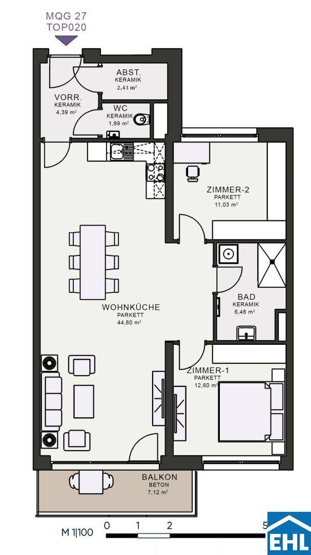 Grundriss einer Wohnung mit Wohnküche, zwei Schlafzimmern, Bad, WC und Balkon.