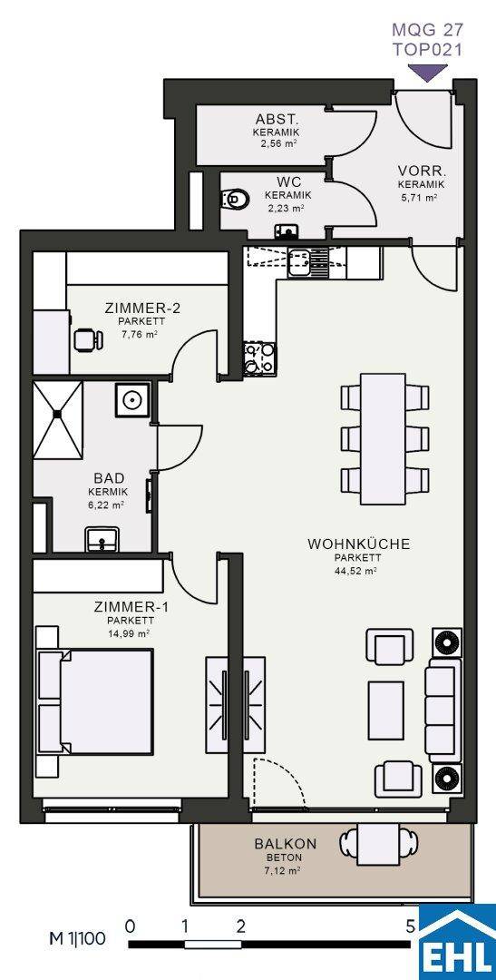 Grundriss einer Wohnung mit zwei Zimmern, offener Wohnküche, Bad, separatem WC und Balkon.