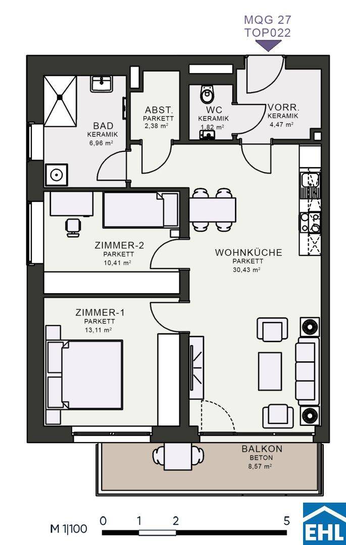 Grundriss einer Wohnung mit zwei Schlafzimmern, Wohnküche und Balkon.