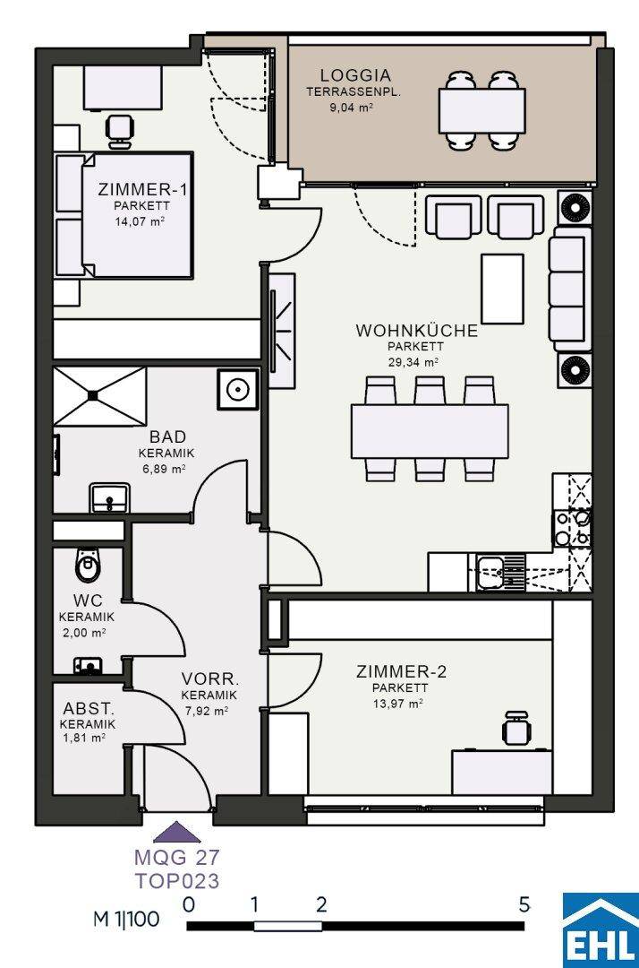 Grundriss einer Wohnung mit zwei Zimmern, Wohnküche und Loggia.