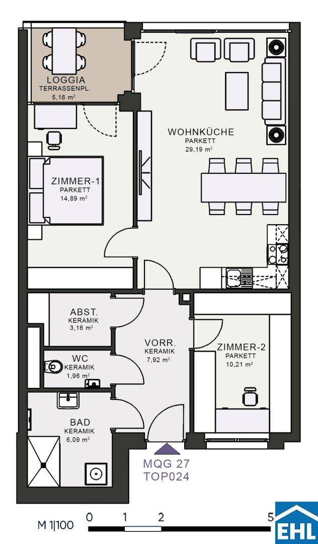 Grundriss einer Wohnung mit offener Wohnküche, zwei Zimmern und Loggia.