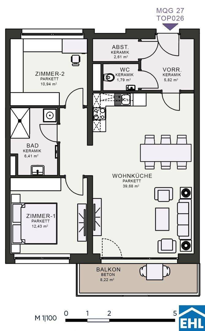 Detaillierter Grundriss einer Wohnung mit zwei Zimmern, Wohnküche, Bad und Balkon.