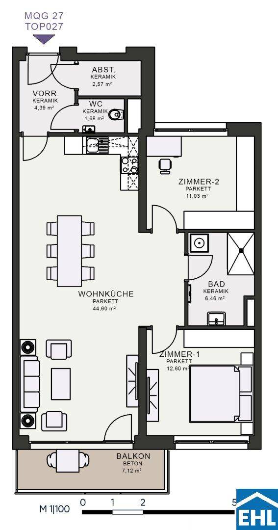 Grundriss einer Wohnung mit offener Wohnküche, zwei Zimmern, Bad, WC und Balkon.
