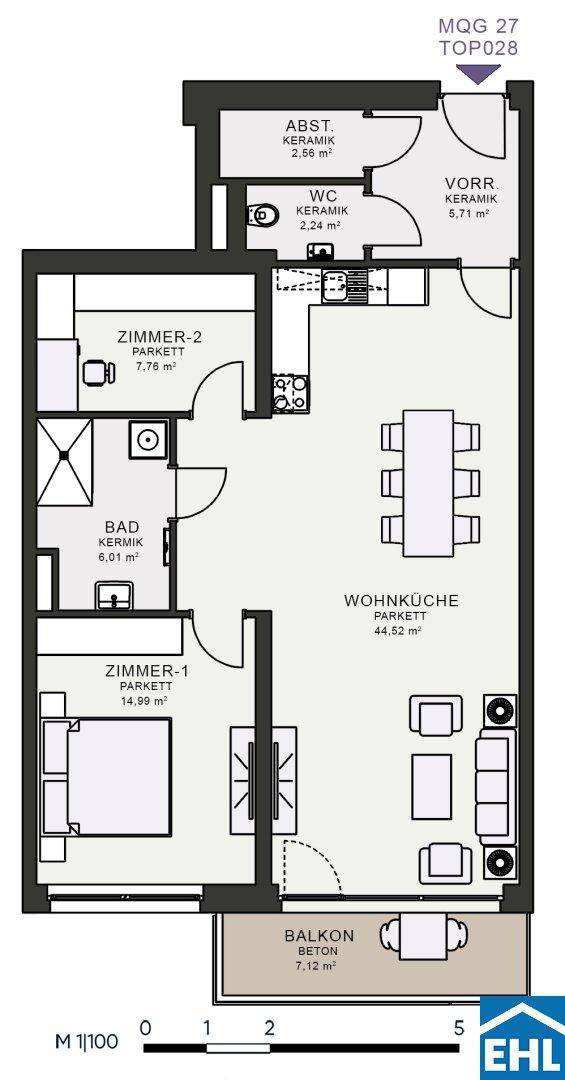 Grundriss einer Wohnung mit zwei Zimmern, Wohnküche, Bad, WC und Balkon.