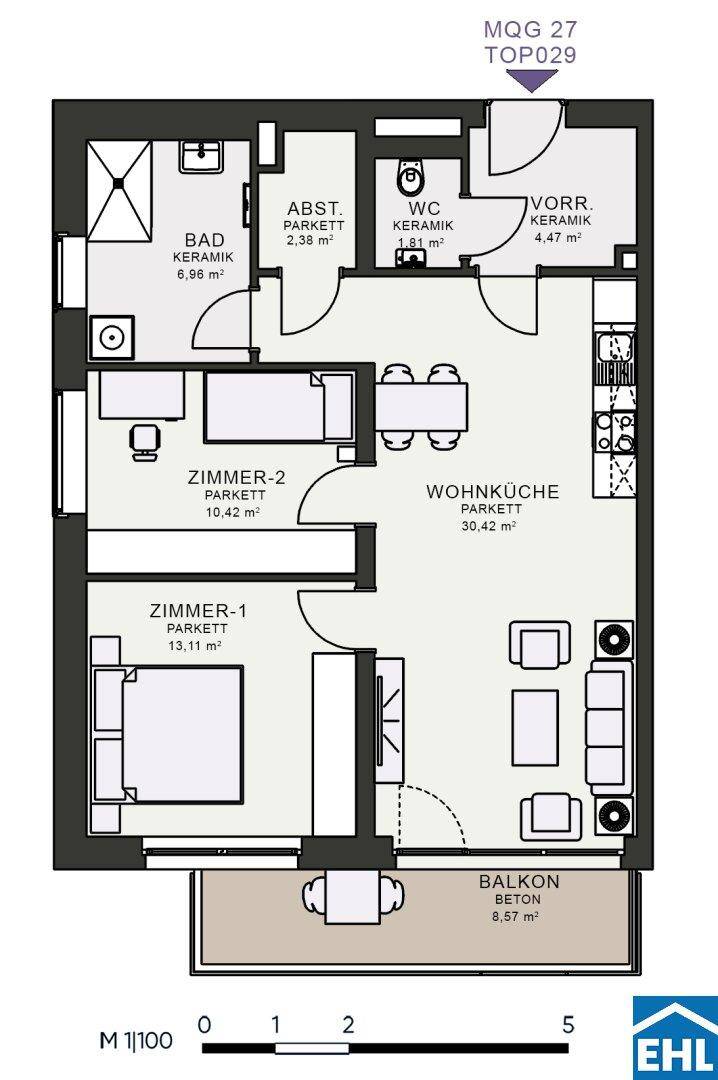 Grundriss einer Wohnung mit Wohnküche, zwei Zimmern, Bad, WC und Balkon.