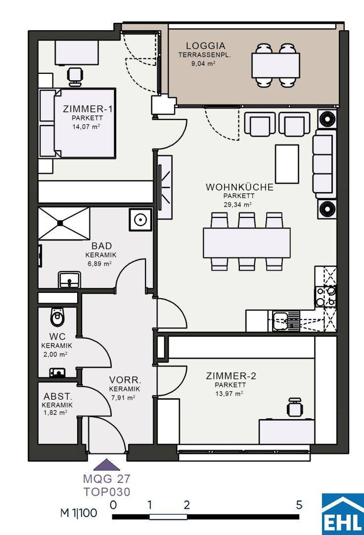 Grundriss einer Wohnung mit zwei Zimmern, Wohnküche, Loggia und separatem WC.