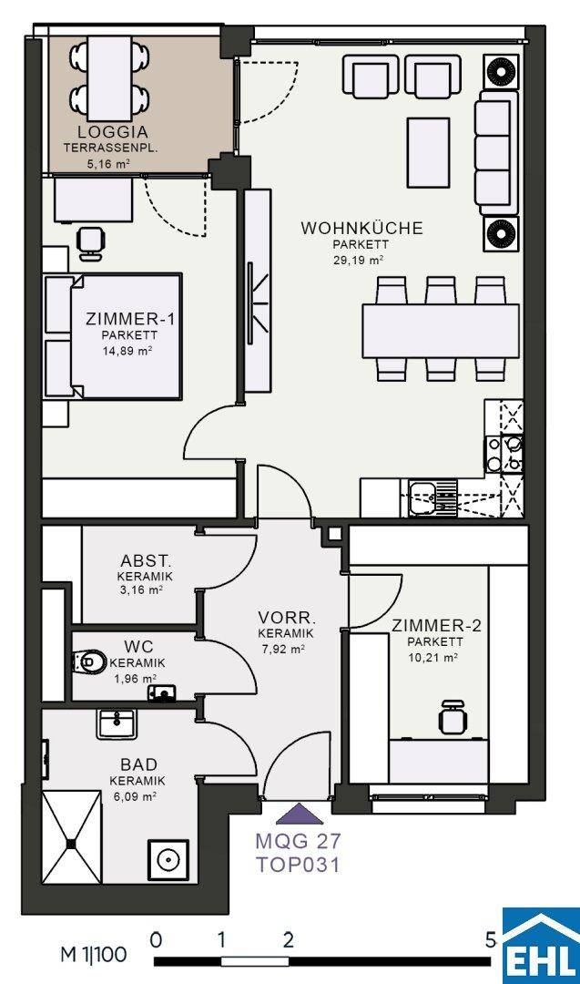 Grundriss einer Wohnung mit Wohnküche, zwei Zimmern, Bad, WC und Loggia.