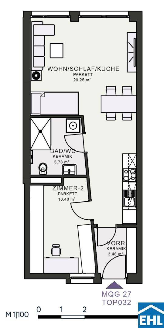 Grundriss einer kompakten Wohnung mit offenem Wohn-/Schlaf-/Küchenbereich und separatem Bad.