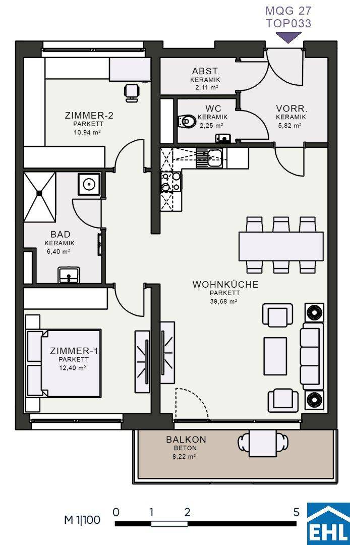 Grundriss einer Wohnung mit Wohnküche, zwei Zimmern, Bad, WC und Balkon.