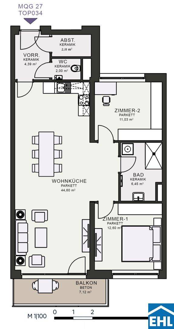 Grundriss einer Wohnung mit Wohnküche, zwei Zimmern, Bad, WC und Balkon.