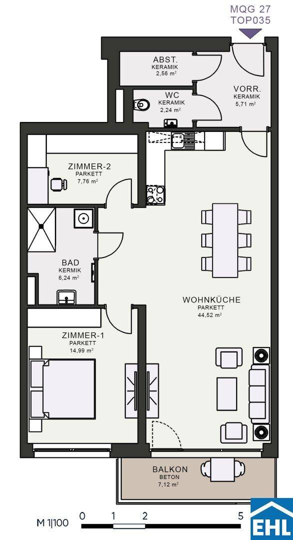 Detaillierter Grundriss einer Wohnung mit offener Wohnküche, zwei Zimmern, Bad, WC und Balkon.