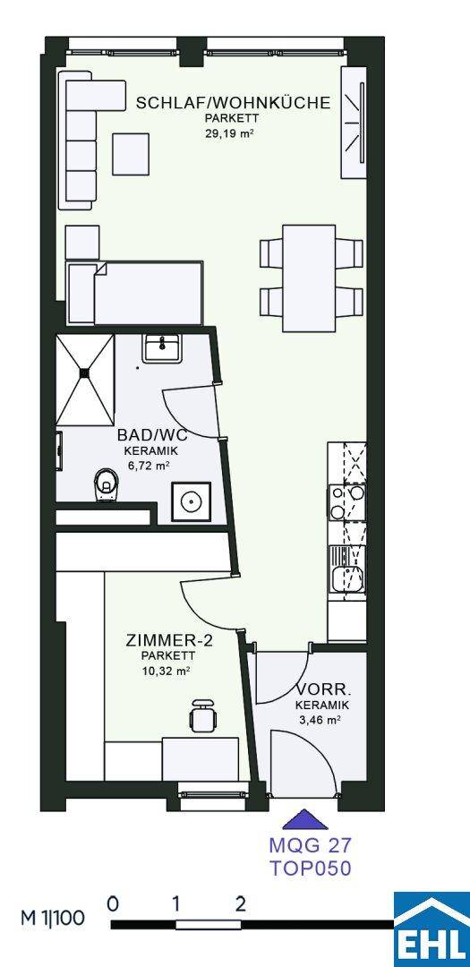 Grundriss einer Wohnung mit offenem Wohn-/Schlaf-/Kochbereich, separatem Zimmer und Bad.