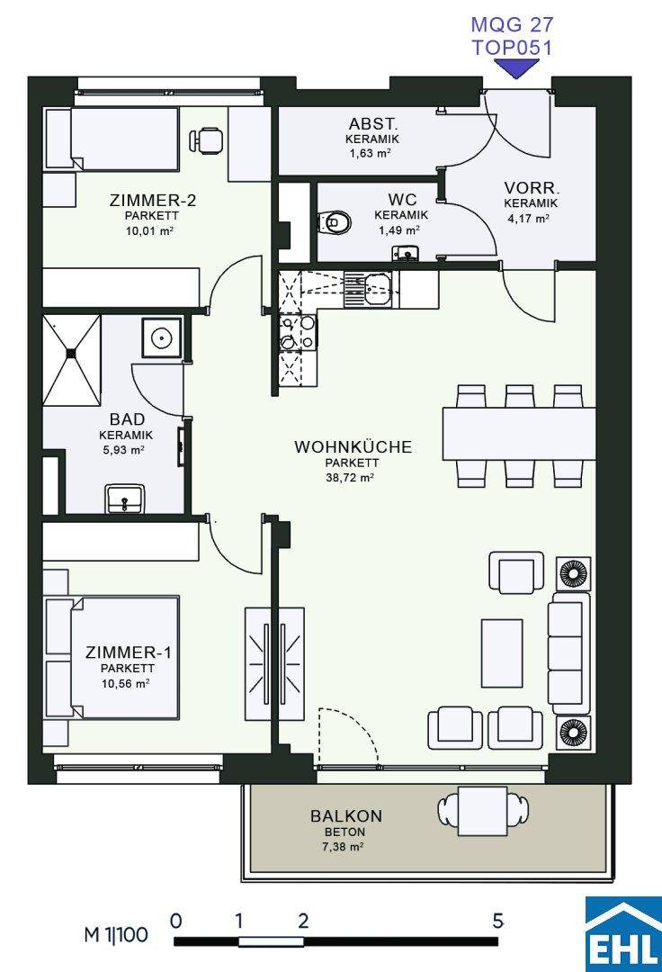 Grundriss einer Wohnung mit zwei Zimmern, Wohnküche, Bad, WC und einem Balkon.
