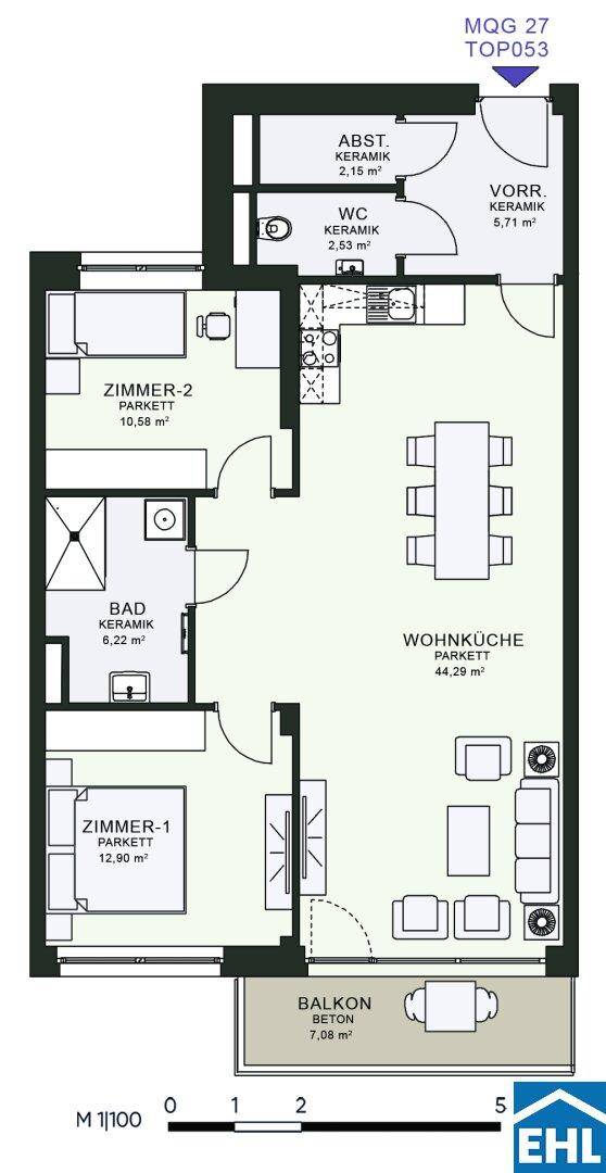 Grundriss einer Wohnung mit zwei Schlafzimmern, Wohnküche, Bad und Balkon.