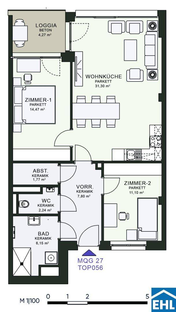 Grundriss einer Wohnung mit Wohnküche, zwei Zimmern, Loggia und separatem WC.