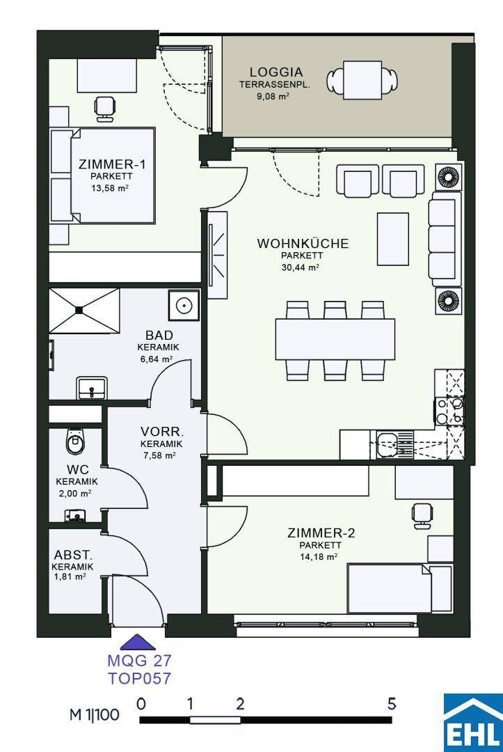 Grundriss einer Wohnung mit Wohnküche, zwei Zimmern, Bad und Loggia.