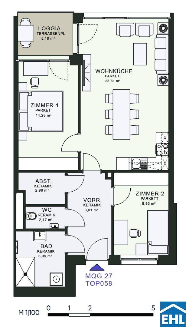 Grundriss einer Wohnung mit Wohnküche, zwei Zimmern, Bad, separatem WC und Loggia.