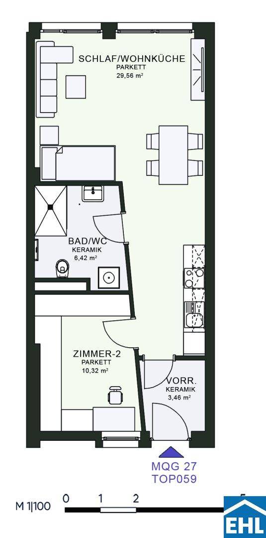Grundriss einer Wohnung mit Schlaf-/Wohnküche, Zimmer und Bad/WC.