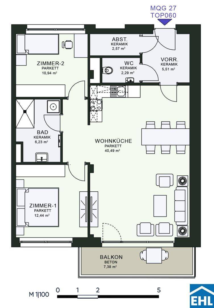 Grundriss einer Wohnung mit offener Wohnküche, zwei Zimmern, Bad, WC und Balkon.