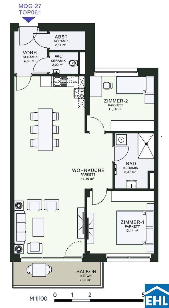 Grundriss einer Wohnung mit Wohnküche, zwei Schlafzimmern, Bad, WC und Balkon.