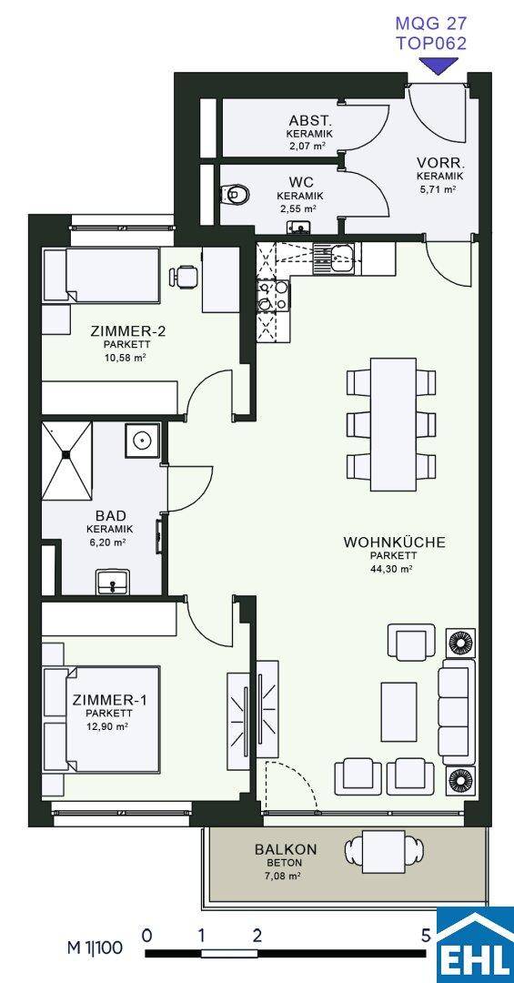 Grundriss einer Wohnung mit offener Wohnküche, zwei Schlafzimmern, zwei Bädern und einem Balkon.