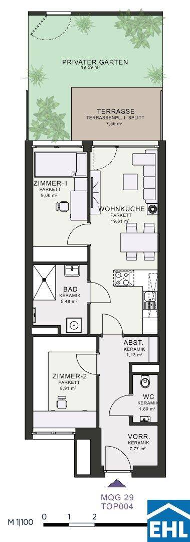 Grundriss einer Wohnung mit zwei Zimmern, Wohnküche, Terrasse und privatem Garten.