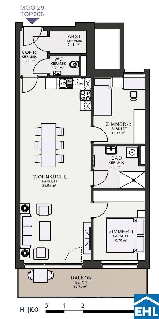 Grundriss einer Wohnung mit zwei Schlafzimmern, offener Wohnküche und einem Balkon.