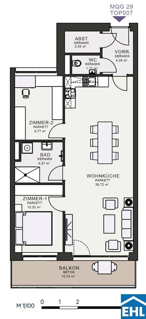 Grundriss einer Wohnung mit zwei Zimmern, Wohnküche und Balkon.