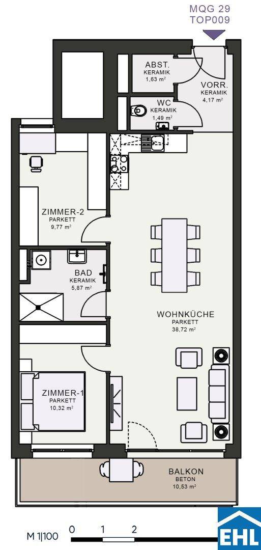 Grundriss einer Wohnung mit zwei Zimmern, Wohnküche, Bad und Balkon.