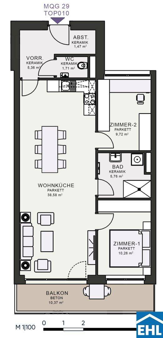 Detaillierter Grundriss einer Wohnung mit Wohnküche, zwei Schlafzimmern und Balkon.