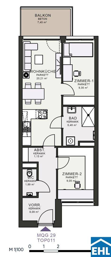 Detaillierter Grundriss einer Wohnung mit zwei Zimmern, offener Wohnküche und Balkon.