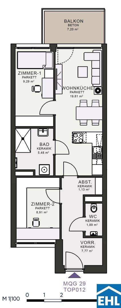 Grundriss einer Wohnung mit zwei Zimmern, Wohnküche, Bad und separatem WC.