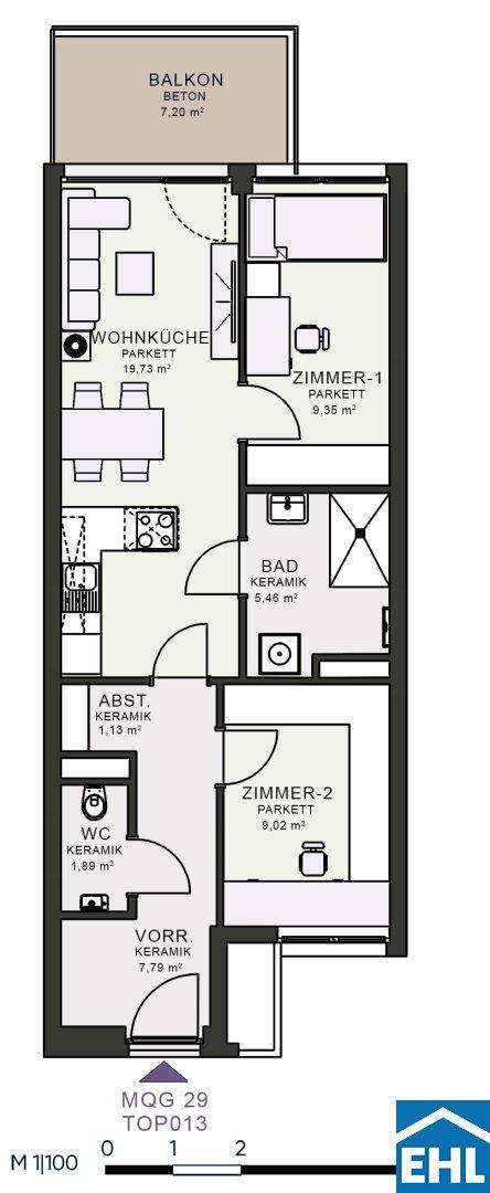 Grundriss einer Wohnung mit zwei Zimmern, Wohnküche, Bad und Balkon.