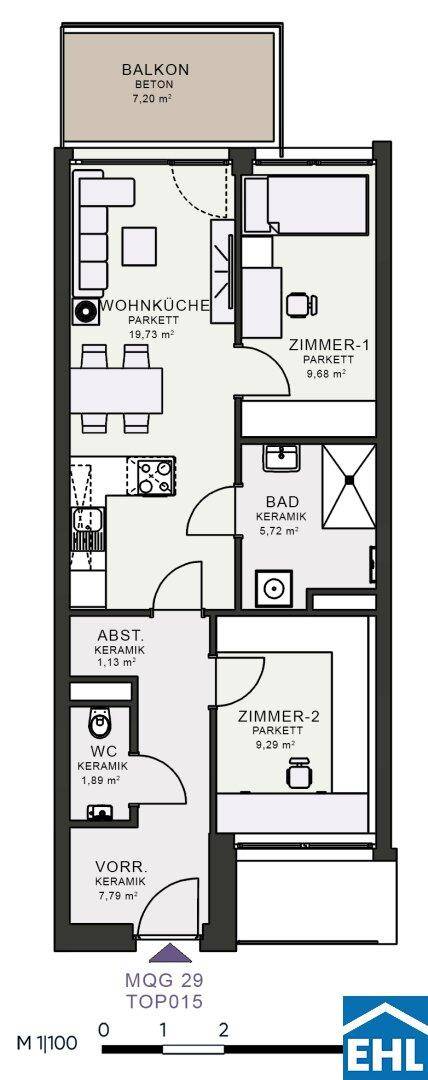 Grundriss einer Wohnung mit Wohnküche, zwei Zimmern, Bad, WC und Balkon.
