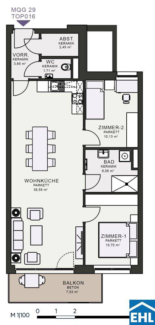 Detaillierter Grundriss einer Wohnung mit Wohnküche, zwei Schlafzimmern und Balkon.