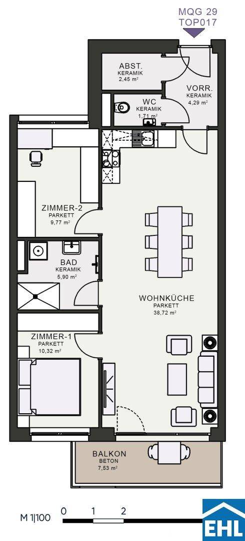 Grundriss einer Wohnung mit Wohnküche, zwei Zimmern, Bad, WC und Balkon.