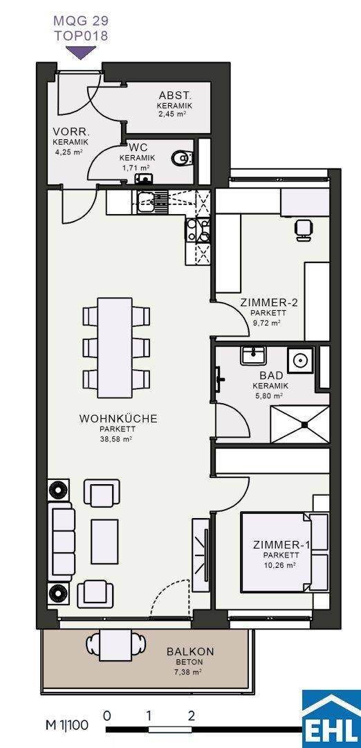 Grundriss einer Wohnung mit offener Wohnküche, zwei Zimmern, Bad, separatem WC und einem Balkon.
