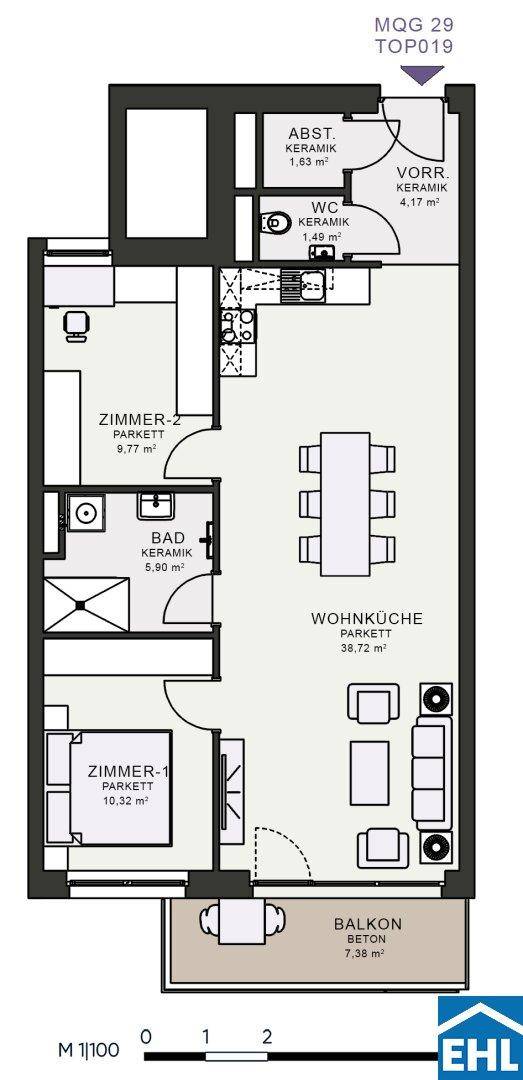 Grundriss einer Wohnung mit zwei Zimmern, Wohnküche, Bad und Balkon.