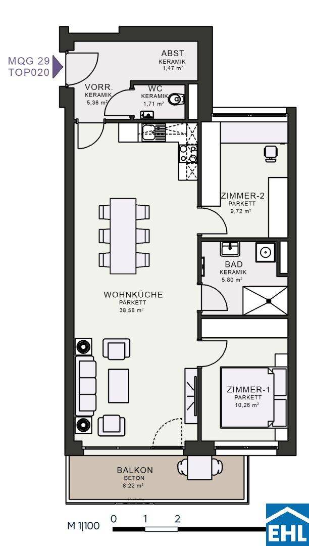 Grundriss einer Wohnung mit offener Wohnküche, zwei Zimmern und Balkon.