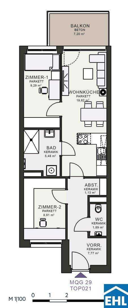Grundriss einer Wohnung mit zwei Zimmern, Wohnküche, Bad, WC und einem 7,20 m² großen Balkon.