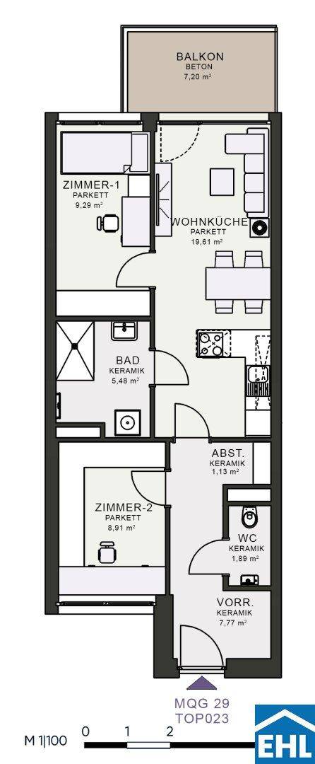 Grundriss einer Wohnung mit zwei Schlafzimmern, Wohnküche und Balkon.