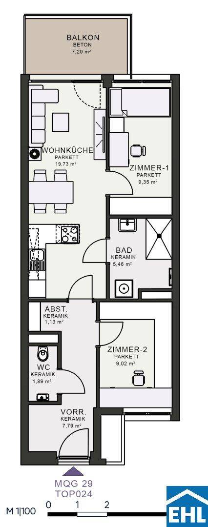 Detaillierter Grundriss einer Wohnung mit Wohnküche, zwei Zimmern, Bad, WC und Balkon.