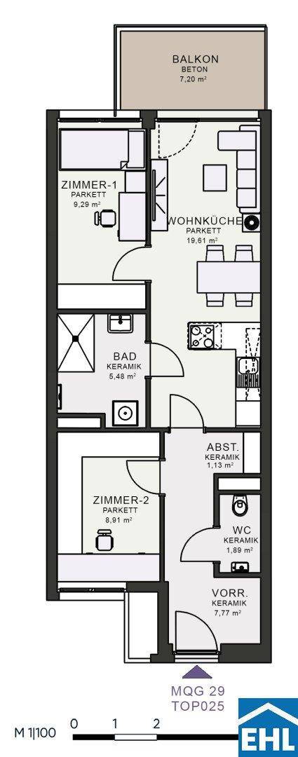 Grundriss einer Wohnung mit zwei Zimmern, Wohnküche, Bad und Balkon.