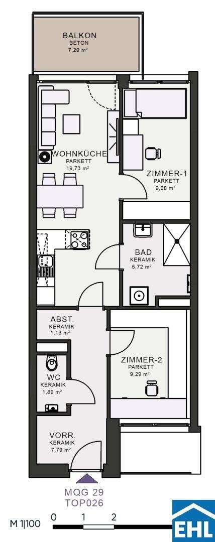 Detaillierter Grundriss einer Wohnung mit zwei Zimmern, Wohnküche und Balkon.