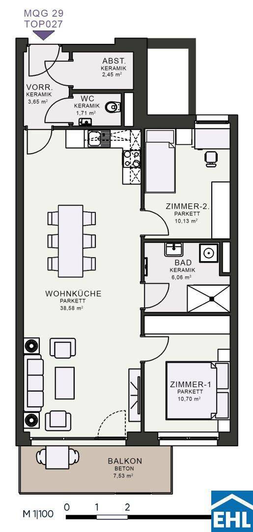 Grundriss einer Wohnung mit zwei Schlafzimmern, Wohnküche und Balkon.