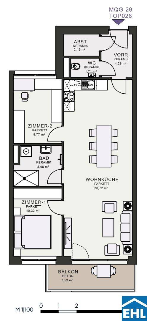 Grundriss einer Wohnung mit offener Wohnküche, zwei Zimmern und Balkon.