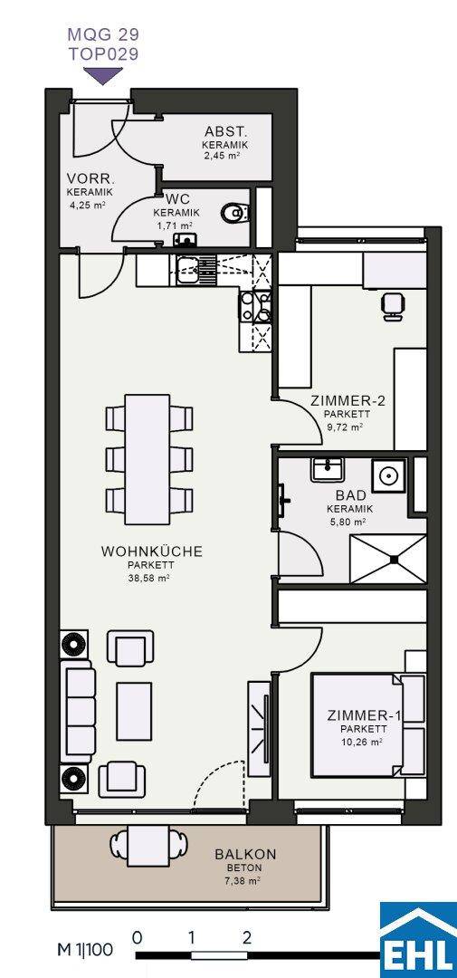 Grundriss einer Wohnung mit offener Wohnküche, zwei Zimmern, Bad und Balkon.