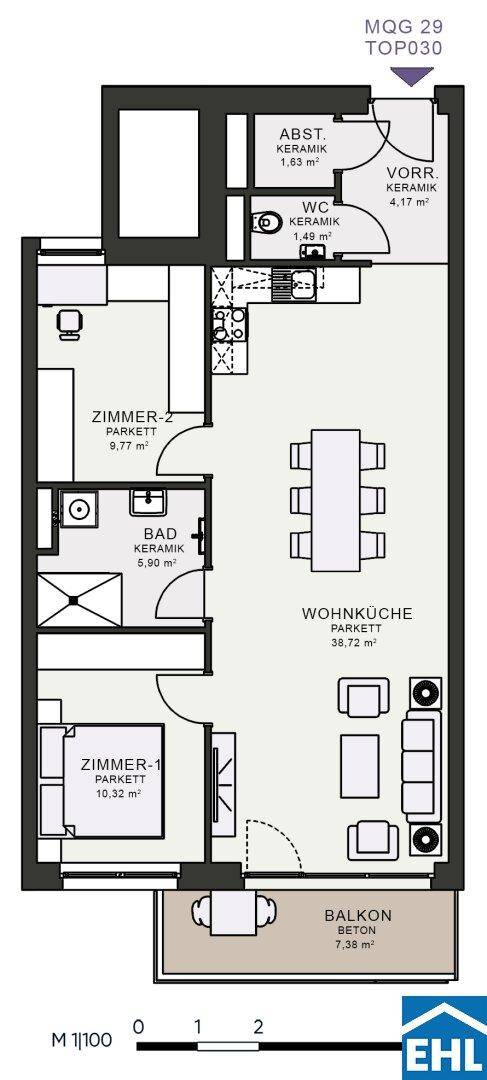 Grundriss einer Wohnung mit offener Wohnküche, zwei Zimmern, Bad und Balkon.