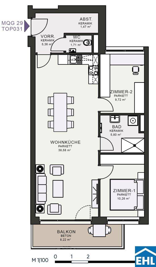 Grundriss einer modernen Wohnung mit offener Wohnküche, zwei Schlafzimmern und Balkon.