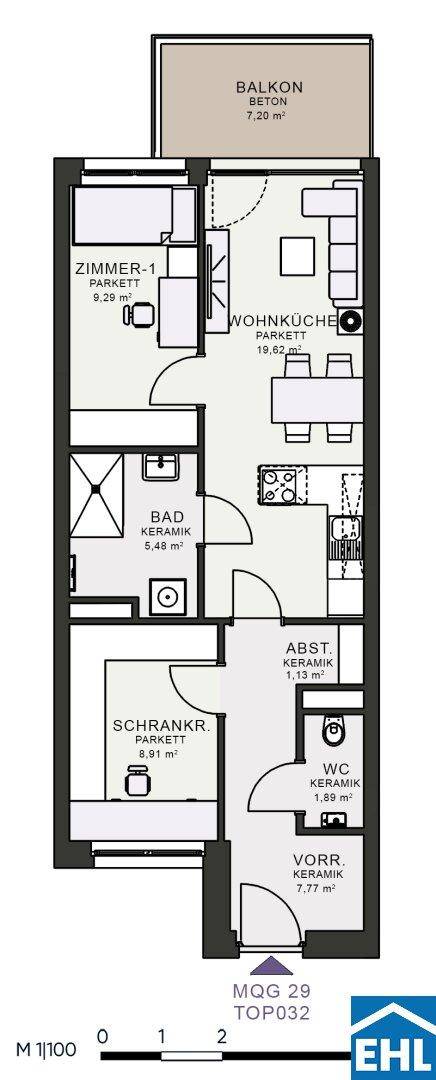 Grundriss einer Wohnung mit einem Schlafzimmer, Wohnküche, Bad, WC und Balkon von 7,20 m².